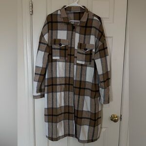 Long Plaid Shacket with Chest Pockets - Tan, White, Black